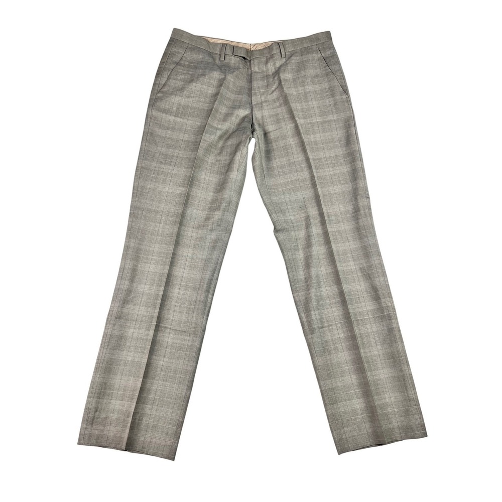 Hugo Boss Mens Virgin Wool Dress Pants 33x29.5 Flat Front Grey Plaid Business